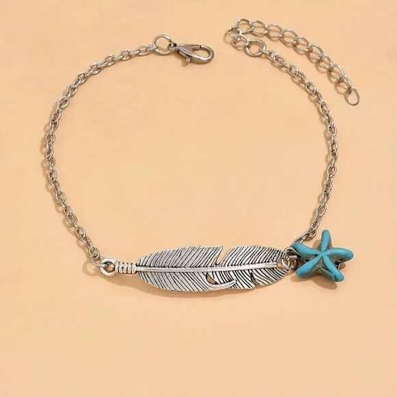 Boho Feather and Turquoise Hanging Star Charm Anklet - Picture 2 of 5
